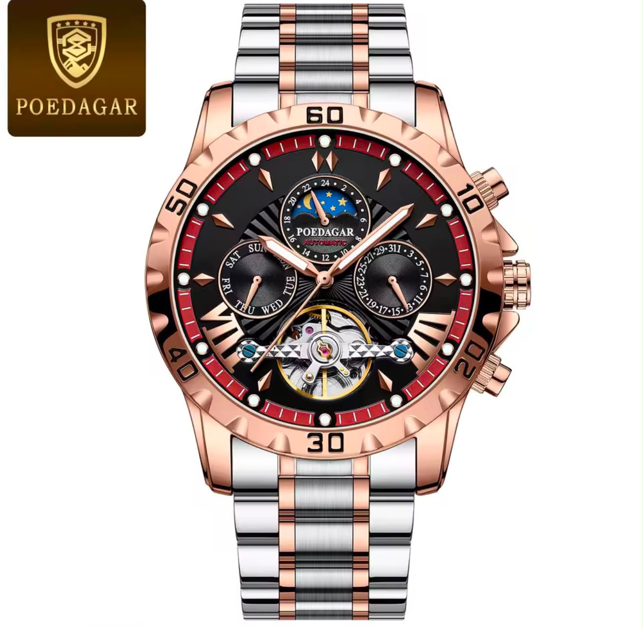 Poedagar 1410 Men's Automatic Skeleton Watch  Rose Gold & Silver